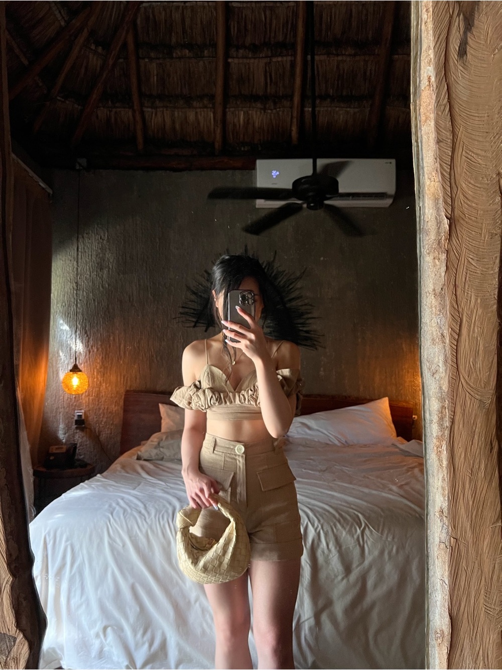 Beige Two-Piece Ruffle Crop Top & High-Waist Shorts Set
